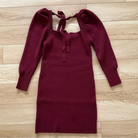 NWT Charles Henry burgundy ribbed long sleeve dress with square neck & tie back. - Picture 2 of 6